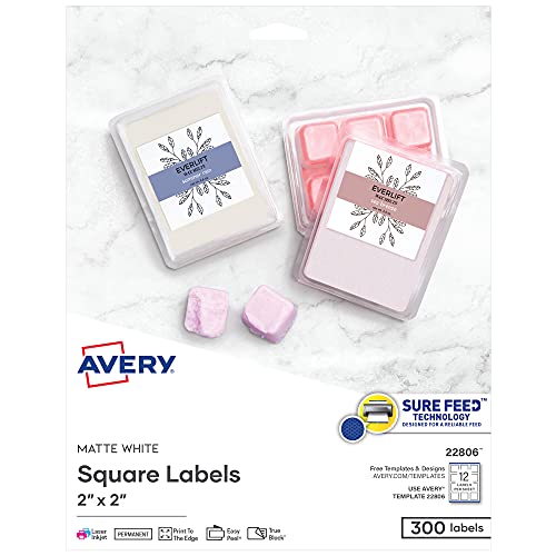 Avery Square Labels for Laser & Inkjet Printers, Sure Feed, 2″ x 2″, 300 White Labels (22806)