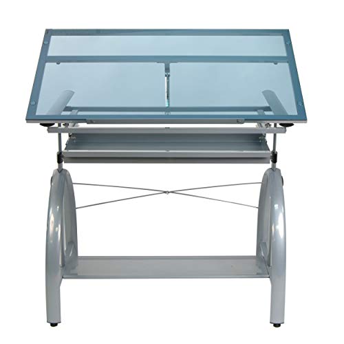 SD STUDIO DESIGNS 10060 Avanta Top Adjustable Drafting Craft Drawing Hobby Table Writing Studio Desk with Drawers, 42” W x 24” D, Silver/Blue Glass