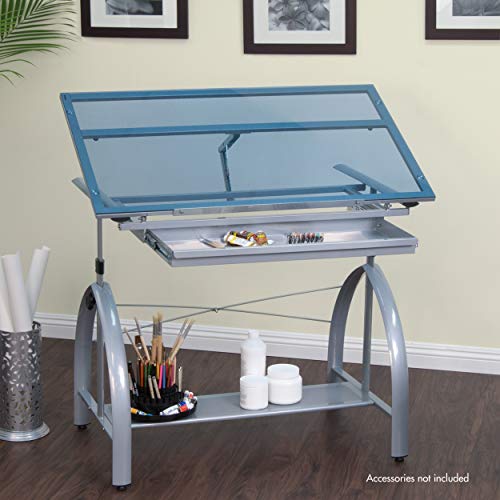 SD STUDIO DESIGNS 10060 Avanta Top Adjustable Drafting Craft Drawing Hobby Table Writing Studio Desk with Drawers, 42” W x 24” D, Silver/Blue Glass | The Storepaperoomates Retail Market - Fast Affordable Shopping
