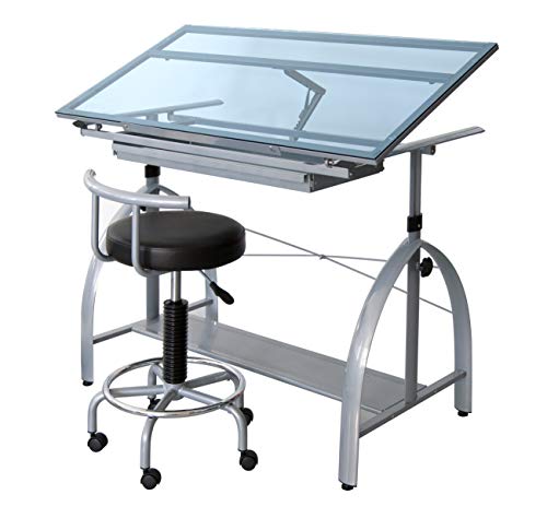 SD STUDIO DESIGNS 10060 Avanta Top Adjustable Drafting Craft Drawing Hobby Table Writing Studio Desk with Drawers, 42” W x 24” D, Silver/Blue Glass | The Storepaperoomates Retail Market - Fast Affordable Shopping