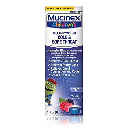 Cold, Cough, and Sore Throat, Mucinex Children’s Cold, Cough, & Sore Throat Liquid, Mixed Berry, 4oz (Packaging May Vary) Controls Cough, Relieves Nasal & Chest Congestion, Thins & Soothes Sore Throat