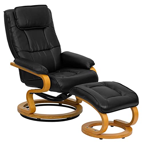 Flash Furniture Contemporary Adjustable Recliner and Ottoman with Swivel Maple Wood Base in Black LeatherSoft