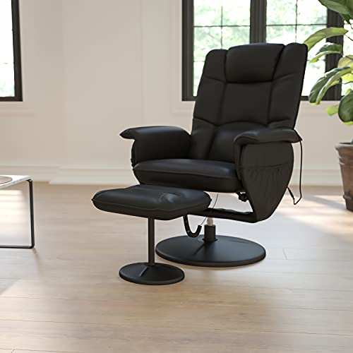 Flash Furniture Massaging Adjustable Recliner with Deep Side Pockets and Ottoman with Wrapped Base in Black LeatherSoft