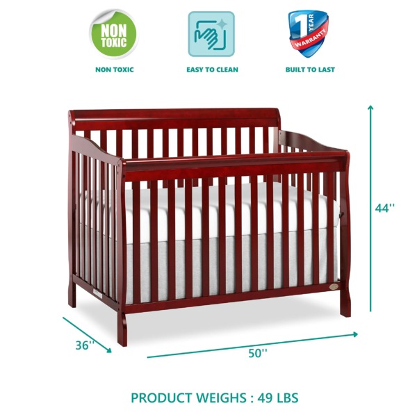 Dream On Me Ashton 4-In-1 Convertible Crib In Cherry, Greenguard Gold, JPMA Certified, Non-Toxic Finishes, Features 4 Mattress Height Settings, Made Of Solid Pinewood
