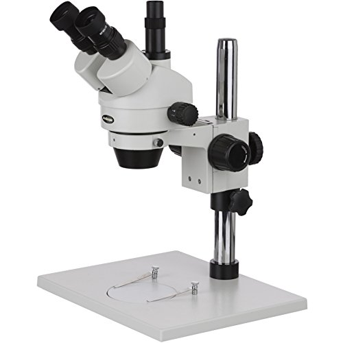 AmScope SM-1TZ Professional Trinocular Stereo Zoom Microscope, WH10x Eyepieces, 3.5X-90X Magnification, 0.7X-4.5X Zoom Objective, Ambient Lighting, Large Pillar-Style Table Stand, Includes 0.5X and 2.0X Barlow Lenses