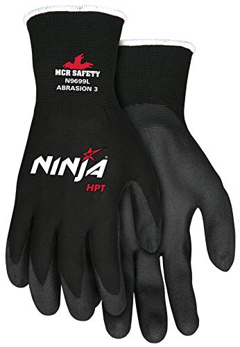 MCR Safety Ninja HPT N9699XL Work Gloves, 15 Gauge Nylon Shell, Hydropellent Technolgy(HPT) Water Repellent Coated Palm & Fingertips, X-Large, black