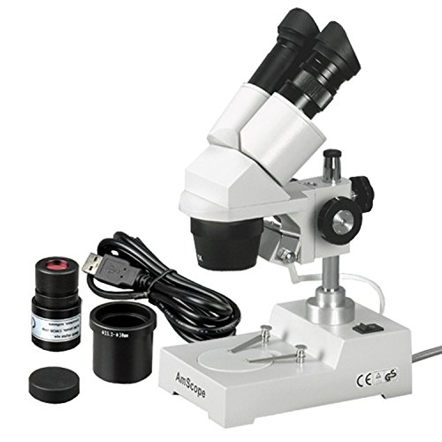 AmScope SE303-PZ-E Digital Binocular Stereo Microscope, WF10x and WF20x Eyepieces, 10X/20X/30X/60X Magnification, 1X and 3X Objectives, Tungsten Lighting, Reversible Black/White Stage Plate, Pillar Stand, 110V, Includes 0.3MP Camera and Software