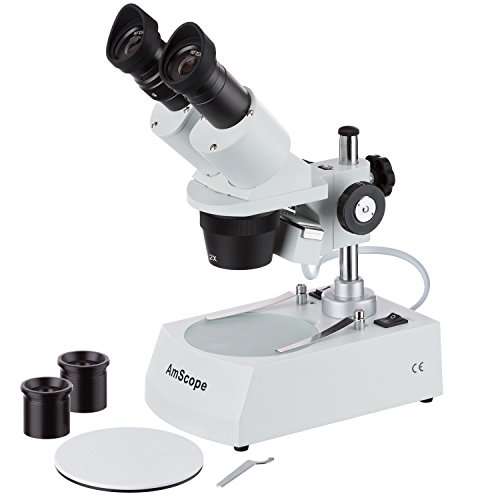 AmScope SE306R-PZ Forward Binocular Stereo Microscope, WF10x and WF20x Eyepieces, 10X-80X Magnification, 2X and 4X Objectives, Upper and Lower Halogen Light Source, Pillar Stand, 120V , White