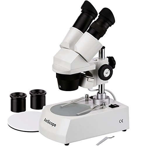 AmScope SE306-PZ Binocular Stereo Microscope, WF10x and WF20x Eyepieces, 20X/40X/80X Magnification, 2X and 4X Objectives, Upper and Lower Halogen Lighting, Reversible Black/White Stage Plate, Pillar Stand, 120V