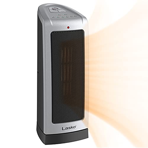 Lasko Oscillating Ceramic Tower Space Heater for Home with Adjustable Thermostat, 2-Speeds, 16 Inches, Silver, 1500W, 5309