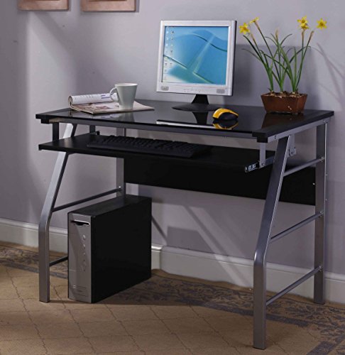 King’s Brand Glass and Metal Home Office Computer Workstation Desk/Table, Silver Finish