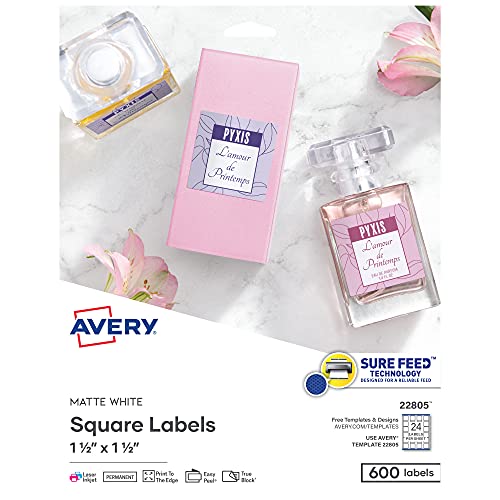 Avery Printable Blank Square Labels, 1.5″ x 1.5″, Matte White, 600 Customizable Labels (22805)