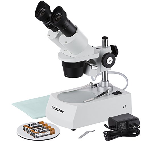 AmScope SE305R-P-LED Forward-Mounted Binocular Stereo Microscope, WF10x Eyepieces, 10X and 30X Magnification, 1X and 3X Objectives, Upper and Lower LED Lighting, Reversible Black/White Stage Plate, Pillar Stand, 120V or Battery-Powered
