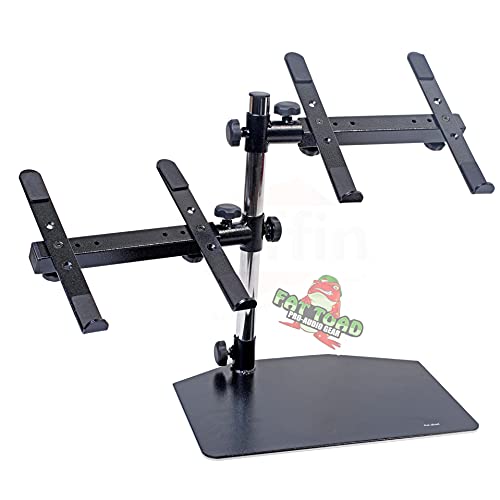 Double DJ Laptop Stand by FAT TOAD | 2 Tier PC Table Holder | Portable Computer Clamp Equipment Rack with Duel Mounts for Music Studio Mixers, Controllers, Monitors, CD Player & Disc Jockey Booth Gear