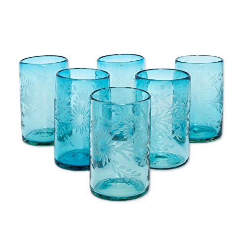 NOVICA Hand Blown Blue Recycled Glass Tumbler Etched Glasses,14 Oz ‘Aquamarine Flowers’ (Set Of 6)
