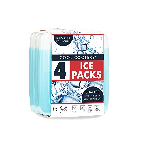 Cool Coolers by Fit + Fresh, Reusable & Long-Lasting Slim Ice Packs, Perfect Addition To Your Lunch Box, Camping Accessories, Insulated Lunch Bag, Beach Cooler Backpack & More, Clear Blue, Pack of 4
