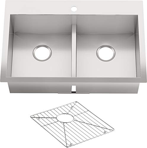 KOHLER Vault 33″ Double-Bowl 18-Gauge Stainless Steel Kitchen Sink with Smart Divide with Single Faucet Hole K-3838-1-NA Drop-in or Undermount Installation, 9 Inch Bowl