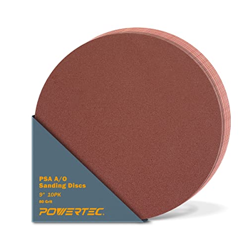POWERTEC 110580 9-Inch PSA 80 Grit Aluminum Oxide Adhesive Sanding Disc, 10-Pack