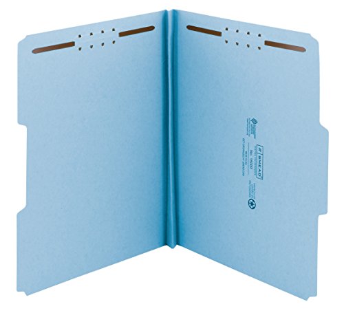 Smead 100% Recycled Pressboard Fastener File Folder, 2 Fasteners, 1/3-Cut Tab, 1″ Expansion, Letter Size, Blue, 25 per Box (15000)