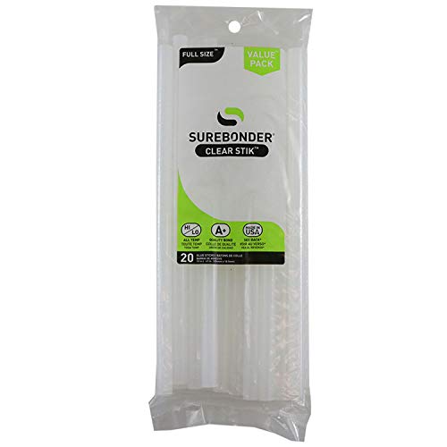Surebonder Made in the USA All Purpose Stick Glue Sticks-All Temperature-Clear 7/16″ D, 10″ L Glue Stick-20 Sticks per Bag