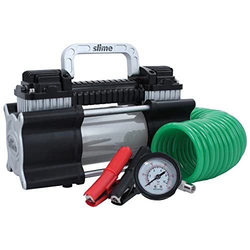 Slime 40026 Tire Inflator, Portable Car, SUV, 4×4 Air Compressor, Heavy Duty, 2X Pro Power, Heavy Duty, with Analog 150 psi Dial Gauge, Long Hose and LED Light, Alligator Clips, 2 min Inflation , Black