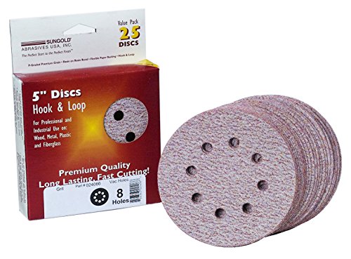 Sungold Abrasives 024172 5″ By 8 Hole 400 Grit Premium Plus C Weight Paper Hook And Loop Sanding Discs, 25-Pack