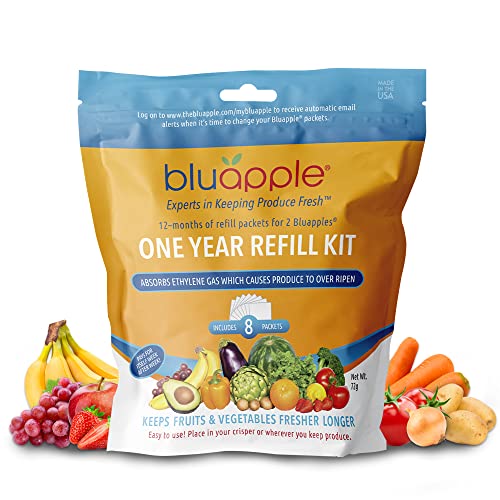 Bluapple Produce Saver Refill Kit – Keep Fruits and Vegetables Fresh Longer, 8 Veggie and Fruit Saver Packets, Each Packet Lasts up to 3 Months, Ethylene Gas Absorber, Made in USA