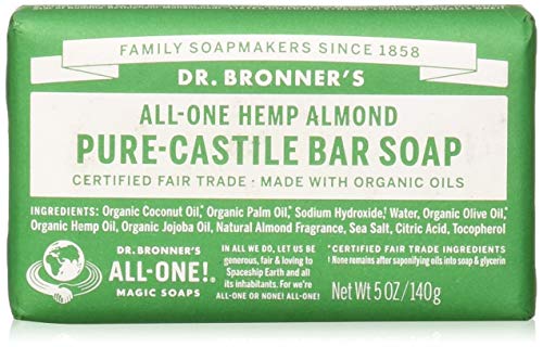 Dr. Bronner’s – Pure-Castile Bar Soap (Almond, 5 ounce) – Made with Organic Oils, For Face, Body and Hair, Gentle and Moisturizing, Biodegradable, Vegan, Cruelty-free, Non-GMO