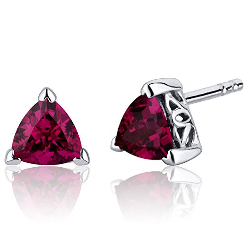Peora Created Ruby Stud Earrings 925 Sterling Silver, Solitaire Scroll Gallery, 2 Carats Total Trillion Shape 6mm, Friction Backs