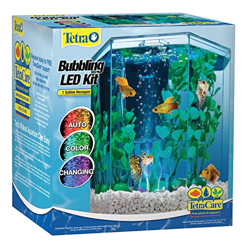 Tetra Bubbling LED Aquarium Kit 1 Gallon, Hexagon Shape, With Color-Changing Light Disc
