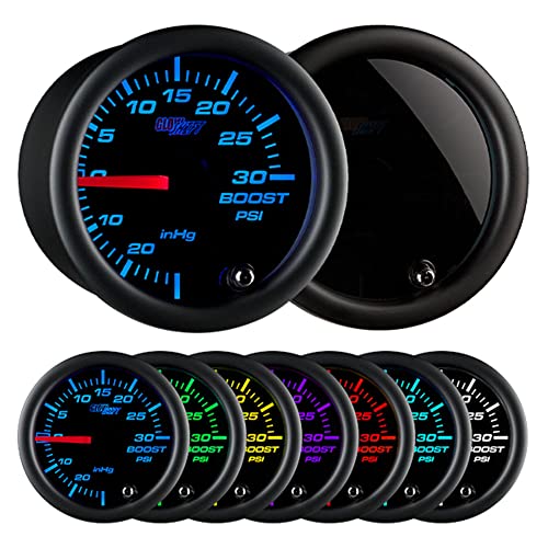 GlowShift Tinted 7 Color 30 PSI Turbo Boost/Vacuum Gauge Kit – Includes Mechanical Hose & T-Fitting – Black Dial – Smoked Lens – for Car & Truck – 2-1/16″ 52mm