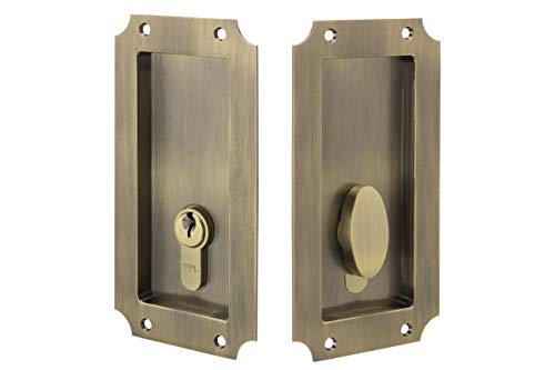 Manor by FPL- Solid Brass Pocket Door Mortise Lock Set with Single Keyed Euro Profile Cylinder – Antique Brass