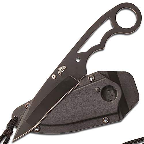 Master USA – Fixed Blade Neck Knife – Black Stainless Steel Blade & Handle, Hard Nylon Fiber Sheath w/ Lanyard, Full Tang Construction, Tactical, EDC, Self Defense- MU-1119BK