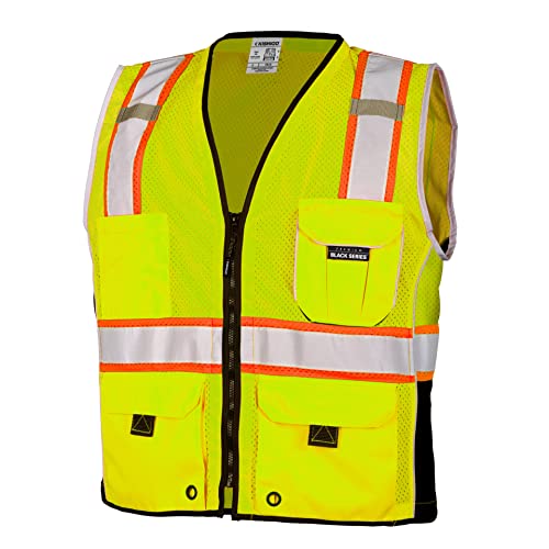 Kishigo Premium Black Series Heavy Duty Reflective Safety Vest 1513, ANSI Type R / Class 2 Compliant, 6 Pockets – Pencil and Radio Pockets, Reflective Silver Lining and Black Trim (Lime, 2X)