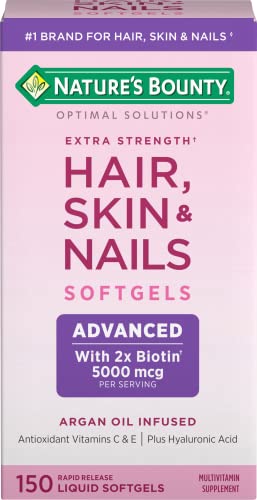 Nature’s Bounty Hair, Skin & Nails Rapid Release Softgels, Argan-Infused Vitamin Supplement with Biotin and Hyaluronic Acid, Supports Hair, Skin, and Nail Health for Women, 150 Count