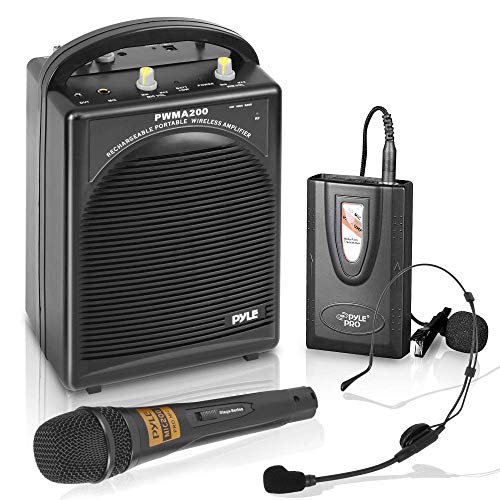 Pyle Portable PA Speaker & Microphone System – FM Stereo Radio, Built-in Rechargeable Battery, Aux & Microphone Inputs, Includes Beltpack, Handled Headset & Lavalier Mics – PWMA200,Black