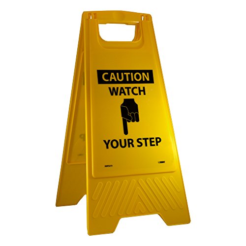 NMC HDFS213 CAUTION-WATCH YOUR STEP Sign with Graphic– 10.75 in. x 24.63 in. Heavy-Duty Plastic, Double-Sided Floor Sign with Black on Yellow