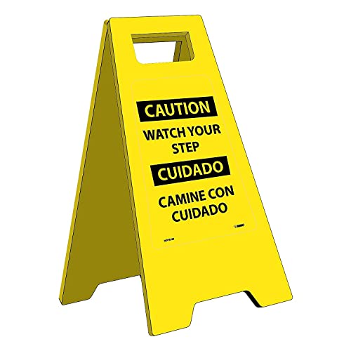 NMC HDFS208 Bilingual Heavy Duty Floor Stand Sign, Legend “CAUTION WATCH YOUR STEP”, 10-3/4″ Length x 24-5/8″ Height, Black on Yellow