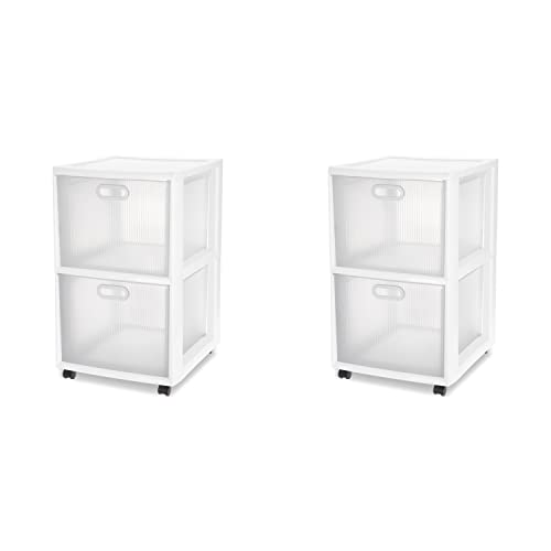 Sterilite 36208002 Ultra 2 Drawer Cart, White Frame & Clear Textured Drawers w/ Handles & Black Casters, 2-Pack