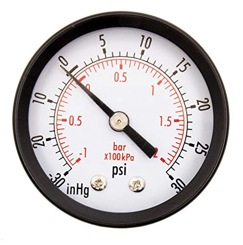 DuraChoice 2″ Dial Utility Vacuum Pressure Gauge for Air Compressor Water Oil Gas, 1/4″ NPT Center Back Mount, Black Steel Case, 30HG/30PSI