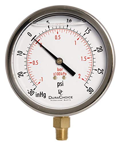 DuraChoice 4″ Oil Filled Vacuum Pressure Gauge – Stainless Steel Case, Brass, 1/4″ NPT, Lower Mount Connection -30HG/30PSI