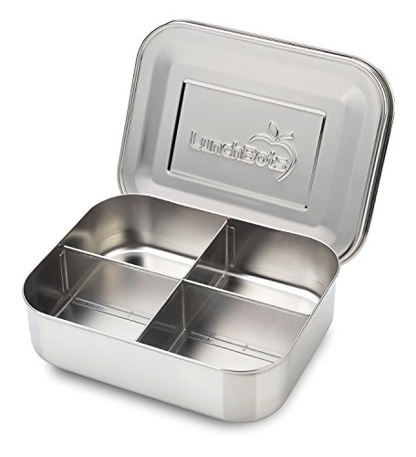LunchBots Medium Quad Snack Container – Divided Stainless Steel Food Container – Four Sections for Finger Foods On the Go – Eco-Friendly, Dishwasher Safe – Stainless Lid – Stainless Steel