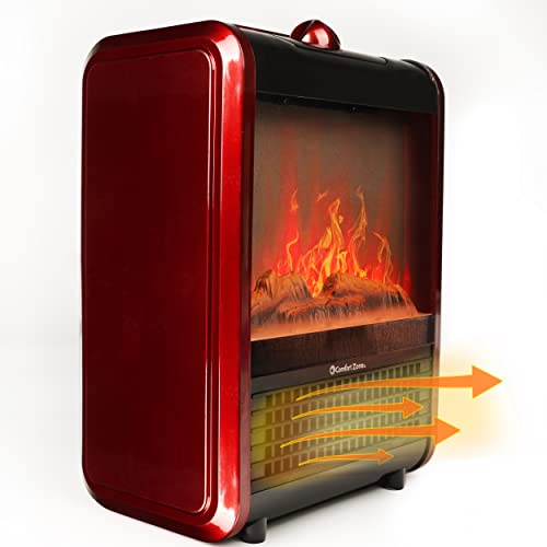 Comfort Zone CZFP1 600/1,200-Watt Mini Fireplace Heater with Realistic 3D Flame, Stay-Cool Body, Carry Handle, Overheat Sensor, and Safety Tip-Over Switch, Red