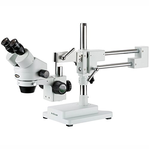 AmScope SM-4B Professional Binocular Stereo Zoom Microscope, WH10x Eyepieces, 7X-45X Magnification, 0.7X-4.5X Zoom Objective, Double-Arm Boom Stand