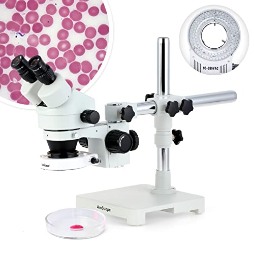 AmScope SM-3BZ-80S Binocular Stereo Microscope, WF10x Eyepieces, 3.5X-90X Magnification, 0.7X-4.5X Objective Power, 0.5X and 2.0X Barlow Lenses, 80-Bulb Ring-Style LED Light Source, Single-Arm Boom Stand, 110V
