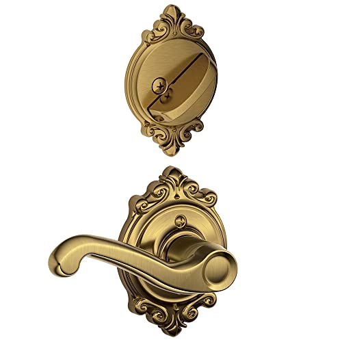 SCHLAGE F59 Flair with Brookshire Rose Right Hand Interior Active Trim with 12326 Latch and 10027 Strike Antique Brass Finish