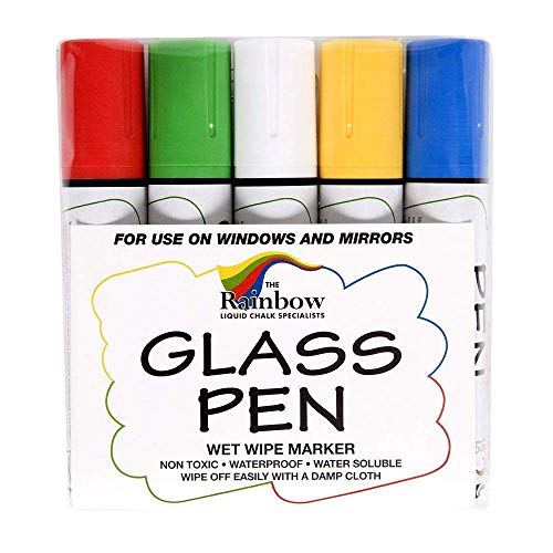 Glass Pen Window Marker: Red, Yellow, Blue, Green, White – Jumbo Glass Markers, Car Marker, Washable Paint Pens – Car Windows, Mirror, Storefront Windows, Parade & Party, Holiday (5 Pack – Wide Tip)