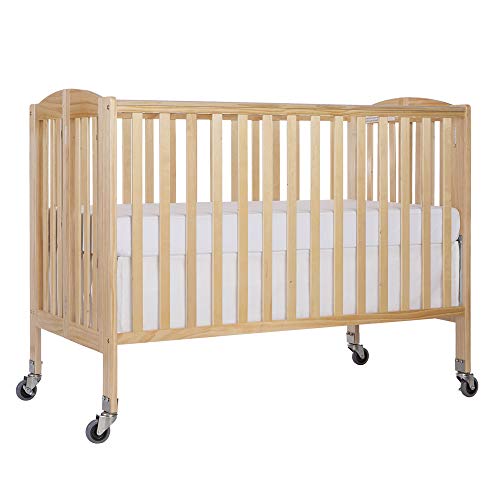 Dream On Me Folding Full Size Convenience Crib In Natural, Two Adjustable Mattress Height Positions, Comes With Heavy Duty Locking Wheels, Flat Folding