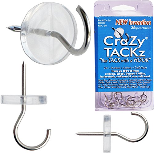 CraZy TACKz 36 Tacks – 2 in 1: Push pin Hook tack – New Invention Hang 100’s of Items Interior or Exterior Decor at Home, School, Office, DIY, for Party or Holiday (Clear, 36pc)