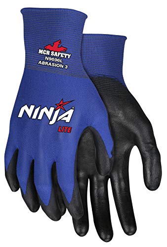 Memphis Gloves MCR Safety Medium Ninja Lite 18 Gauge Black Latex Free Polyurethane Palm And Fingertips Coated Work Gloves With Blue Athletic Grade Nylon Liner And Knit Wrist (N9696M),Black/Blue